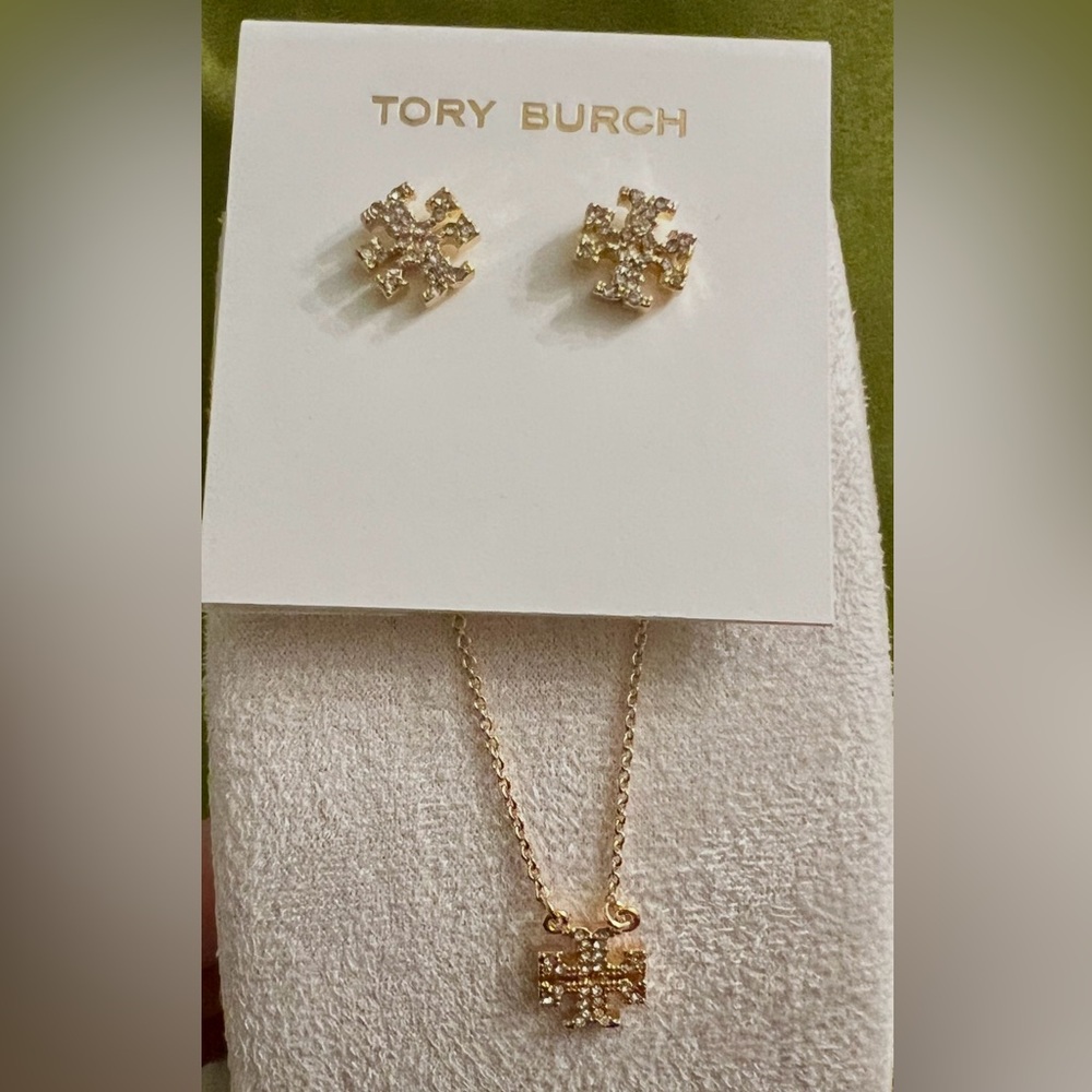 Tory Burch Kira Pavé Delicate Necklace & Earrings.